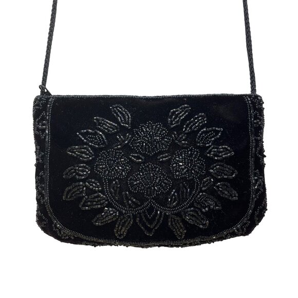 La Regale Women’s Black Beaded Floral Design Velvet Crossbody Bag - Picture 1 of 10